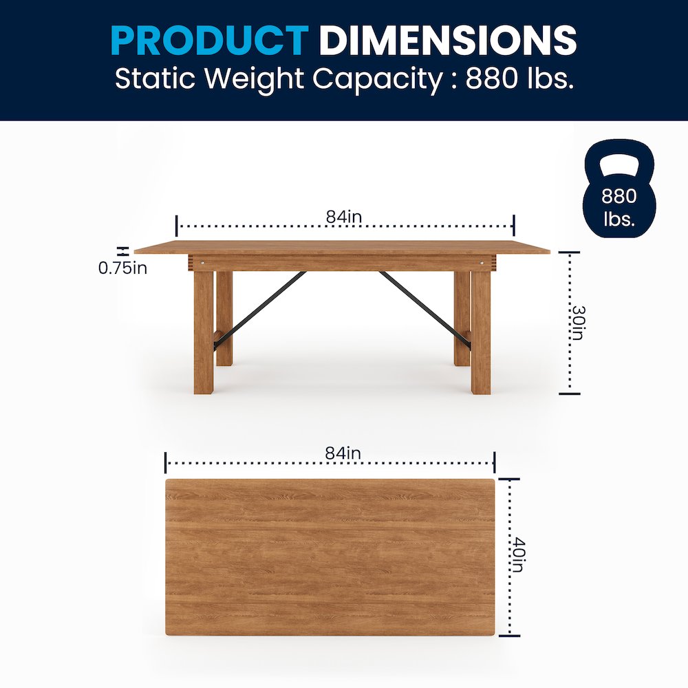 7' x 40" Rectangular Antique Rustic Solid Pine Folding Farm Table. Picture 9