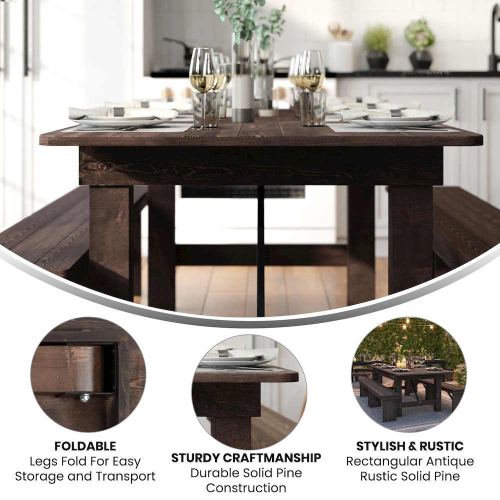 HERCULES 7' x 40" Rectangular Antique Rustic Mahogany Solid Pine Folding Farm Table. Picture 4