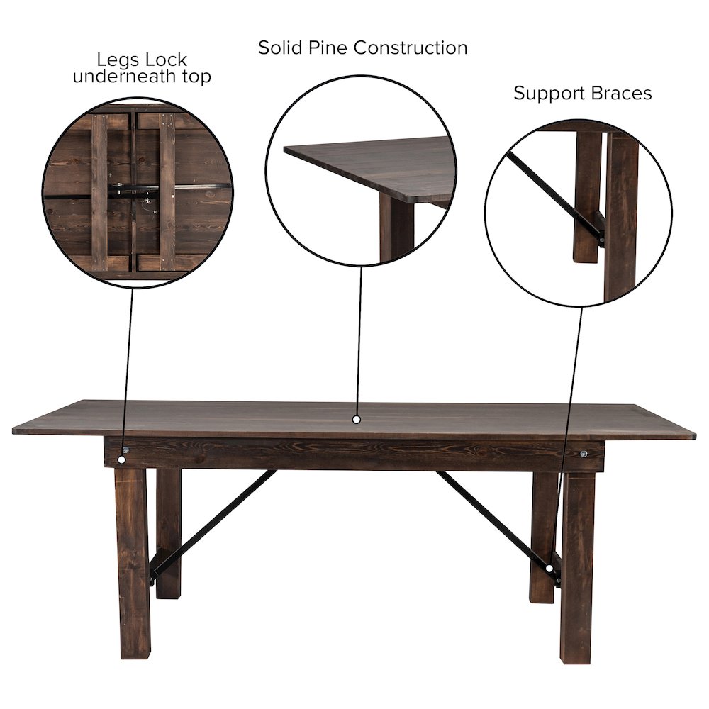 HERCULES 7' x 40" Rectangular Antique Rustic Mahogany Solid Pine Folding Farm Table. Picture 5