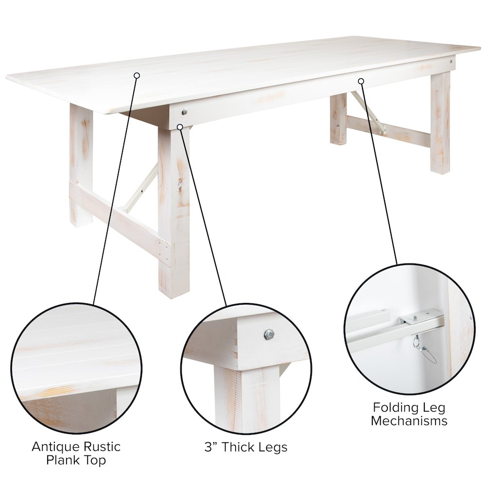 7' x 40" Rectangular Antique Rustic White Solid Pine Folding Farm Table. Picture 6