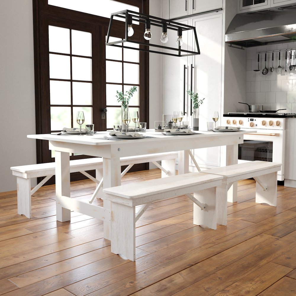 7' x 40" Rectangular Antique Rustic White Solid Pine Folding Farm Table. Picture 2