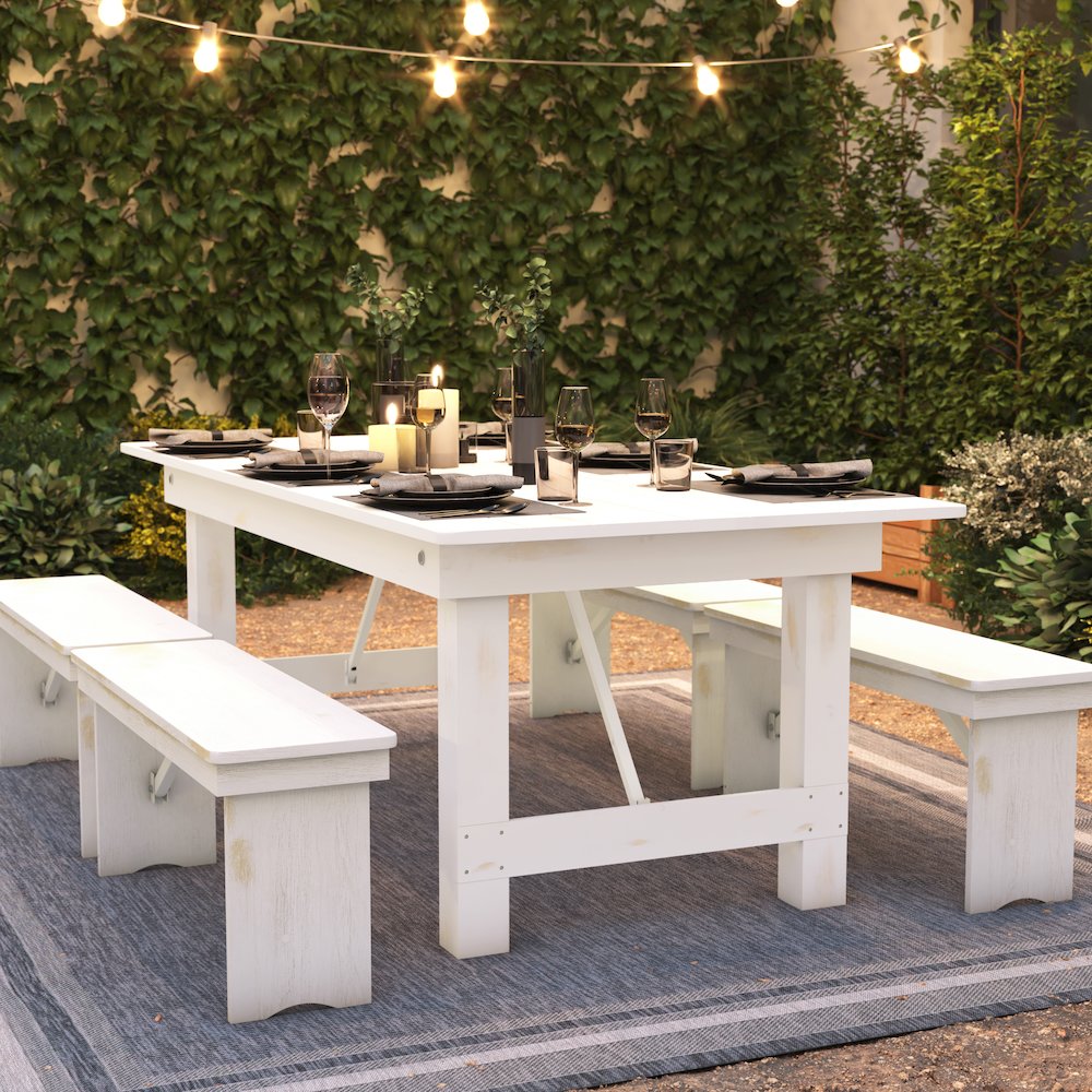 7' x 40" Rectangular Antique Rustic White Solid Pine Folding Farm Table. Picture 8