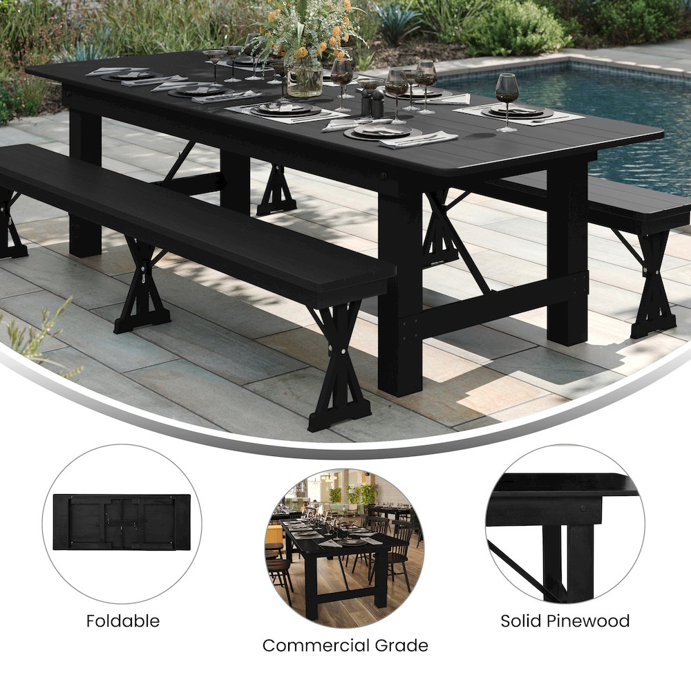 8'x 40" Rectangular Black Wash Farmhouse Folding Table,Antique Rustic Solid Pine. Picture 5