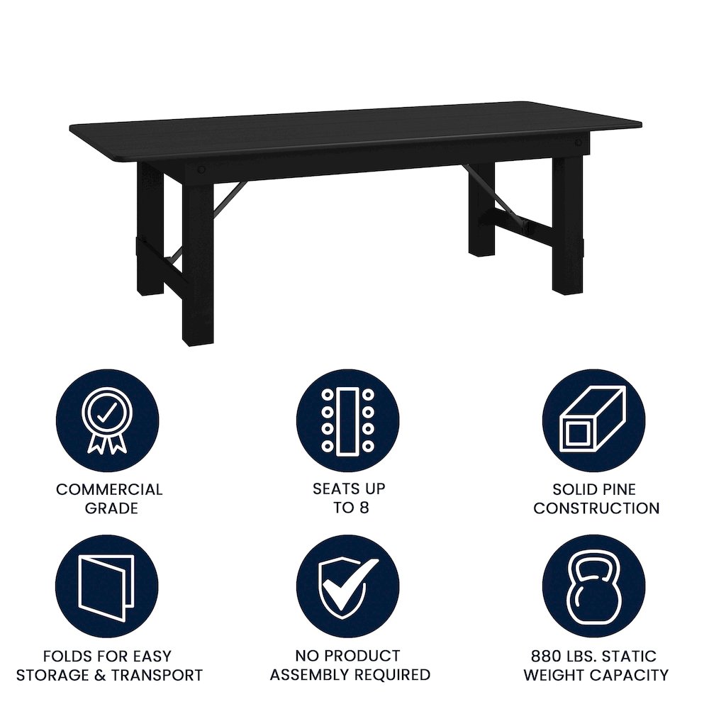 8'x 40" Rectangular Black Wash Farmhouse Folding Table,Antique Rustic Solid Pine. Picture 4