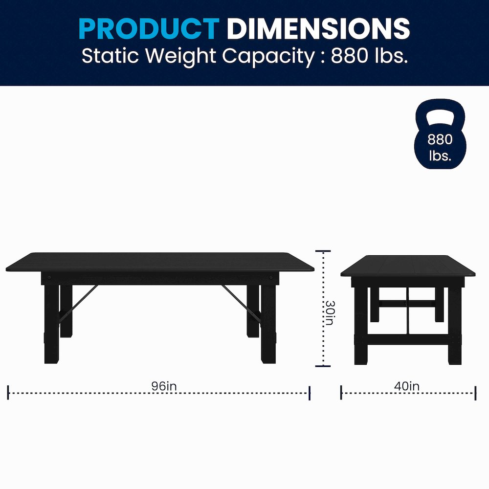 8'x 40" Rectangular Black Wash Farmhouse Folding Table,Antique Rustic Solid Pine. Picture 9