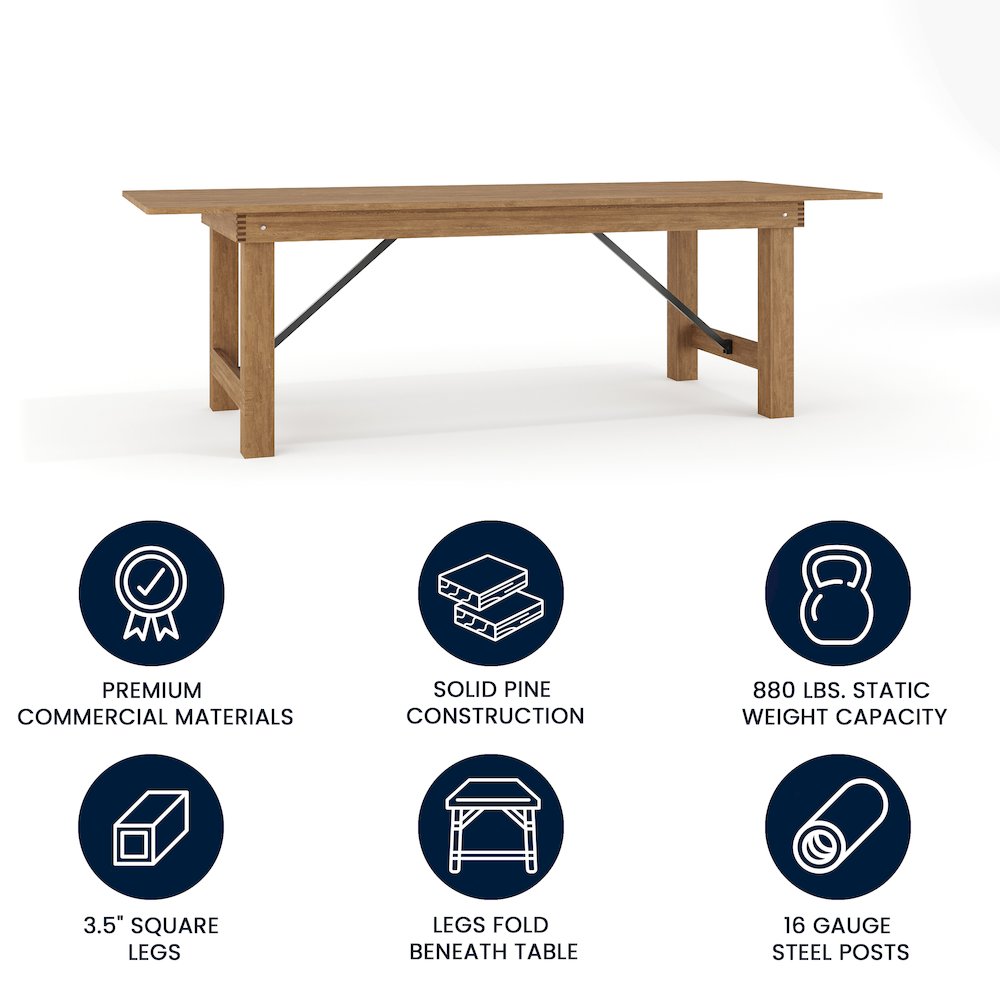 8' x 40" Rectangular Antique Rustic Solid Pine Folding Farm Table. Picture 5