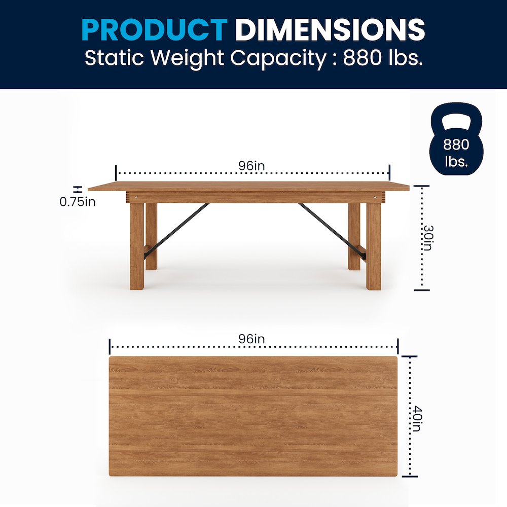 8' x 40" Rectangular Antique Rustic Solid Pine Folding Farm Table. Picture 9