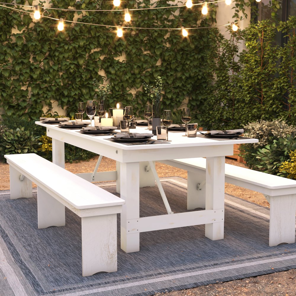 8' x 40" Rectangular Antique Rustic White Solid Pine Folding Farm Table. Picture 8