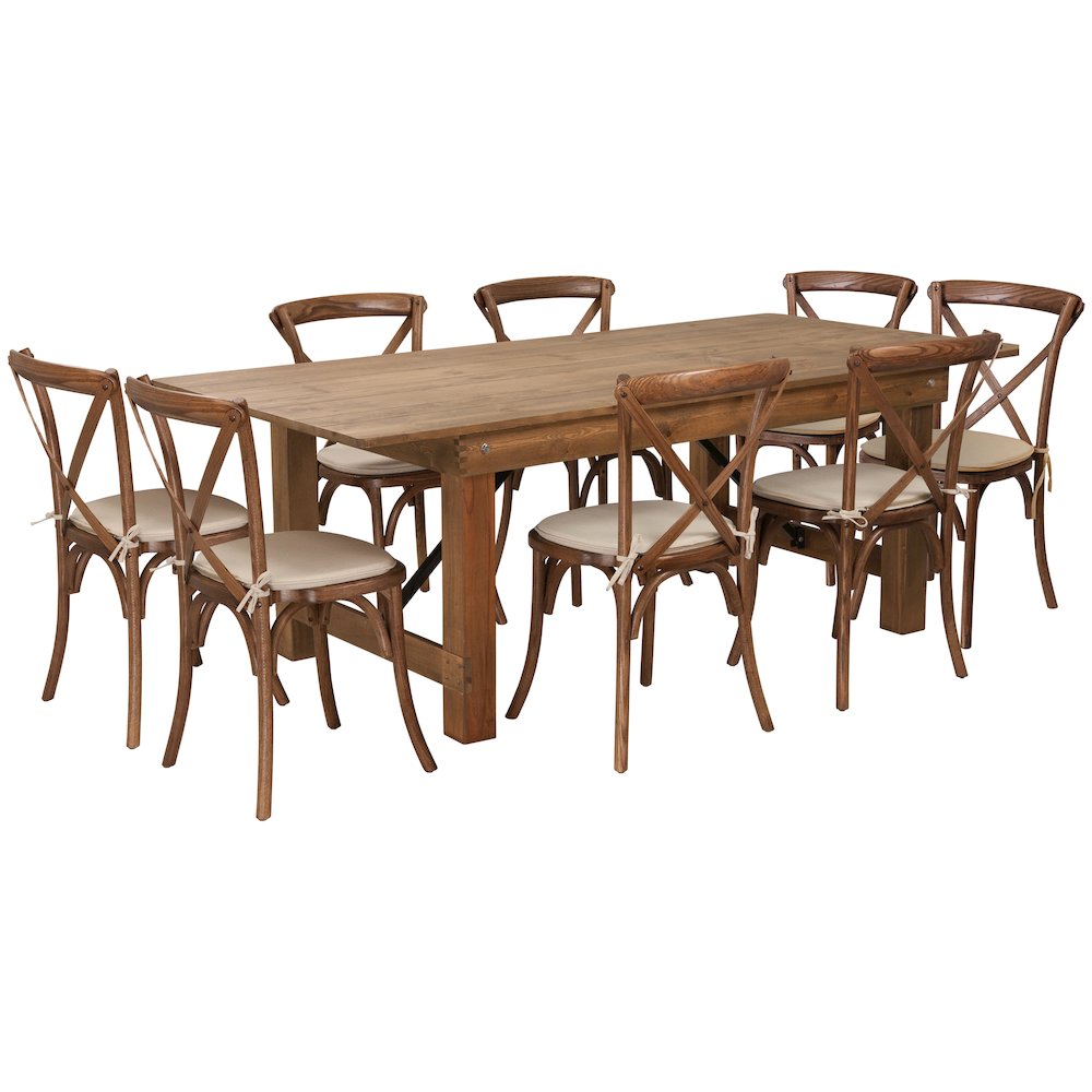 7' x 40'' Antique Rustic Folding Farm Table Set with 8 Cross Back Chairs and Cushions. Picture 1