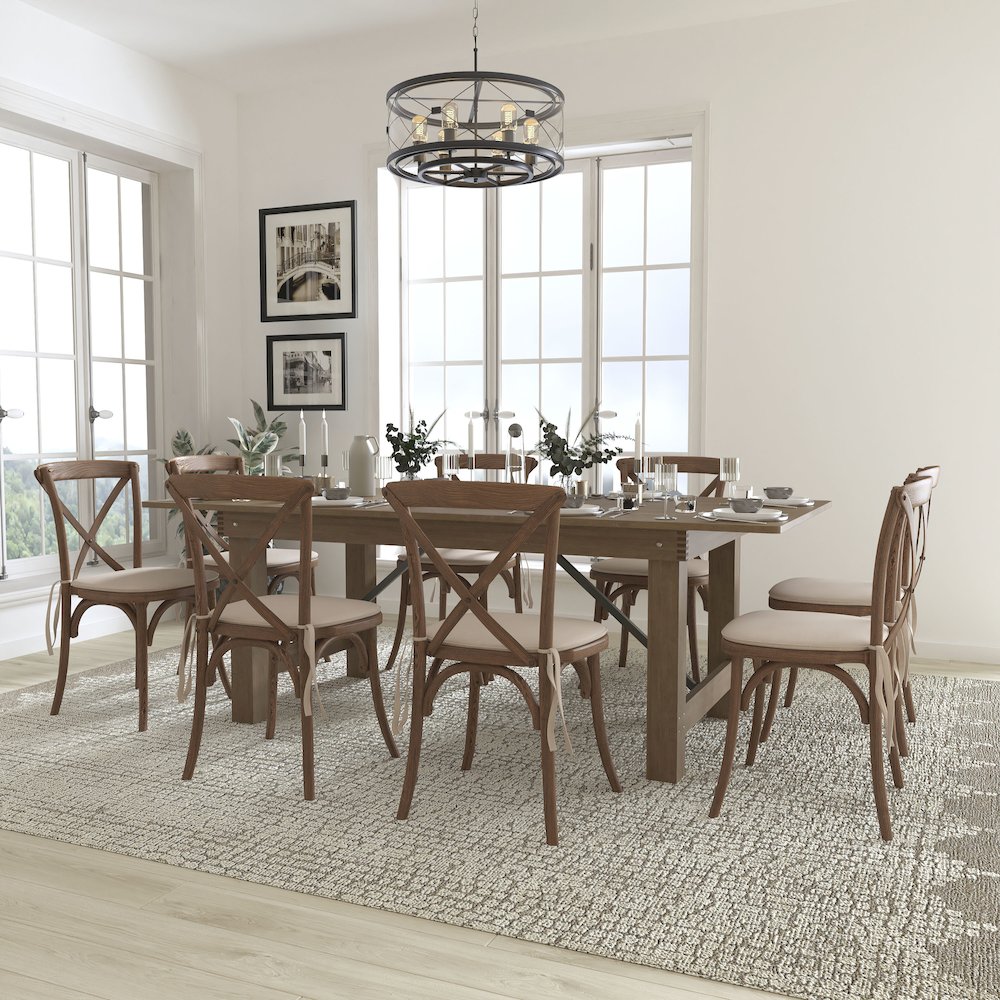 7' x 40'' Antique Folding Farm Table Set with 8 Cross Back Chairs and Cushions. Picture 2
