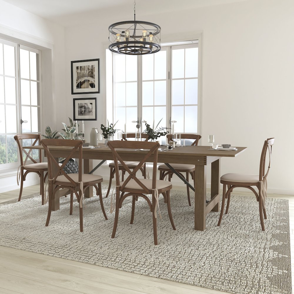 8' x 40'' Antique Folding Farm Table Set with 6 Cross Back Chairs and Cushions. Picture 2