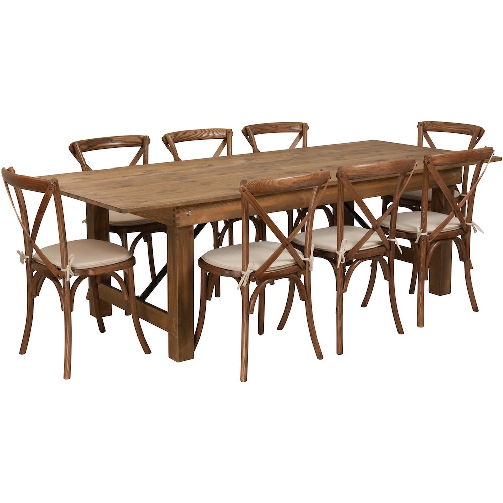 8' x 40'' Antique Rustic Folding Farm Table Set with 8 Cross Back Chairs and Cushions. Picture 1