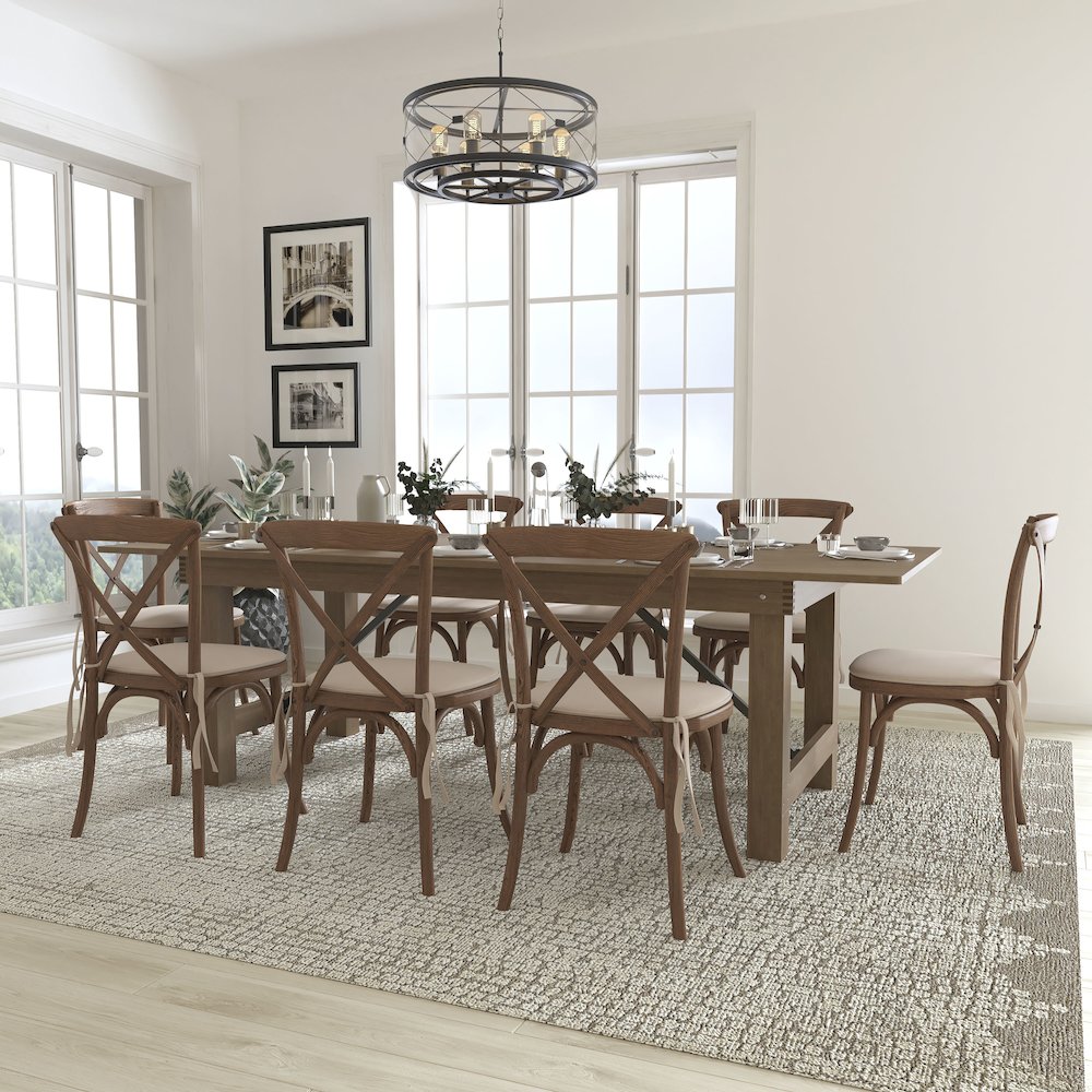 8' x 40'' Antique Folding Farm Table Set with 8 Cross Back Chairs and Cushions. Picture 2