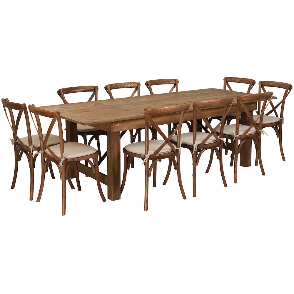 8' x 40'' Antique Rustic Folding Farm Table Set with 10 Cross Back Chairs and Cushions. Picture 1