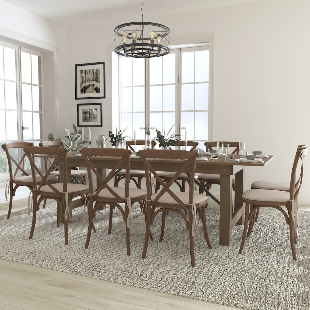 8' x 40'' Antique Folding Farm Table Set with 10 Cross Back Chairs and Cushions. Picture 2