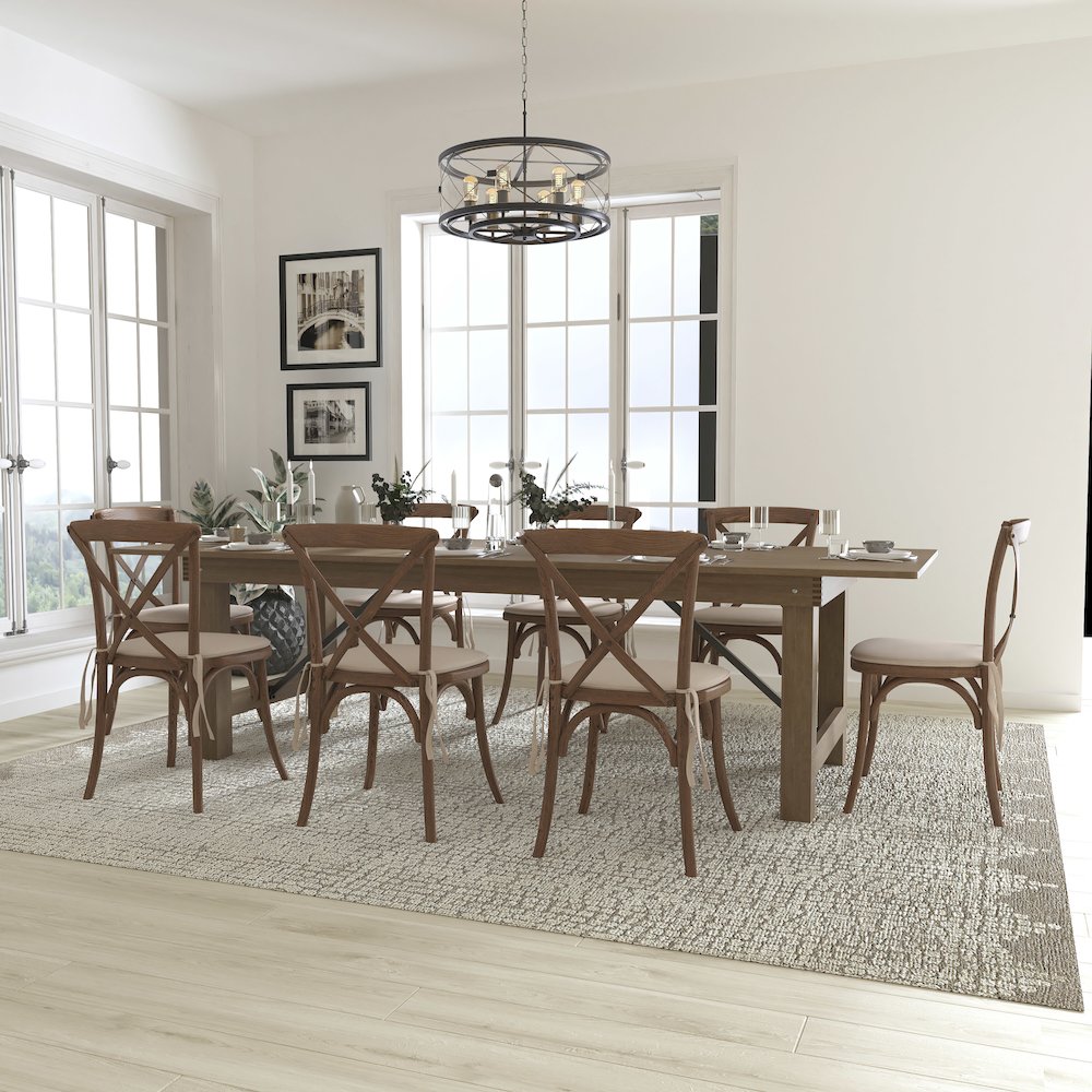 9' x 40'' Antique Folding Farm Table Set with 8 Cross Back Chairs and Cushions. Picture 2