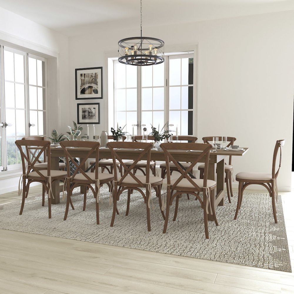 9' x 40'' Antique Folding Farm Table Set with 10 Cross Back Chairs and Cushions. Picture 2