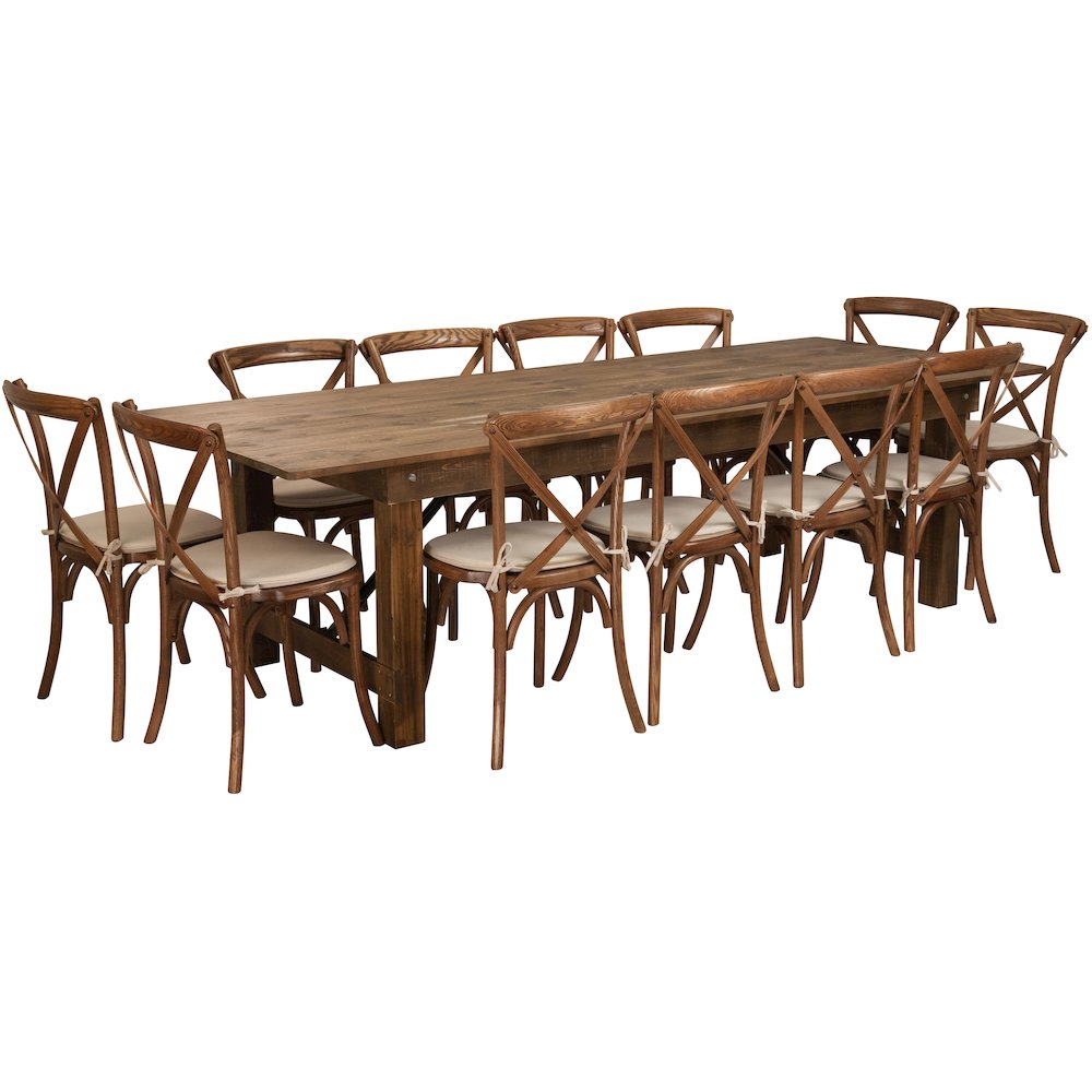 9' x 40'' Antique Folding Farm Table Set with 12 Cross Back Chairs and Cushions. Picture 1