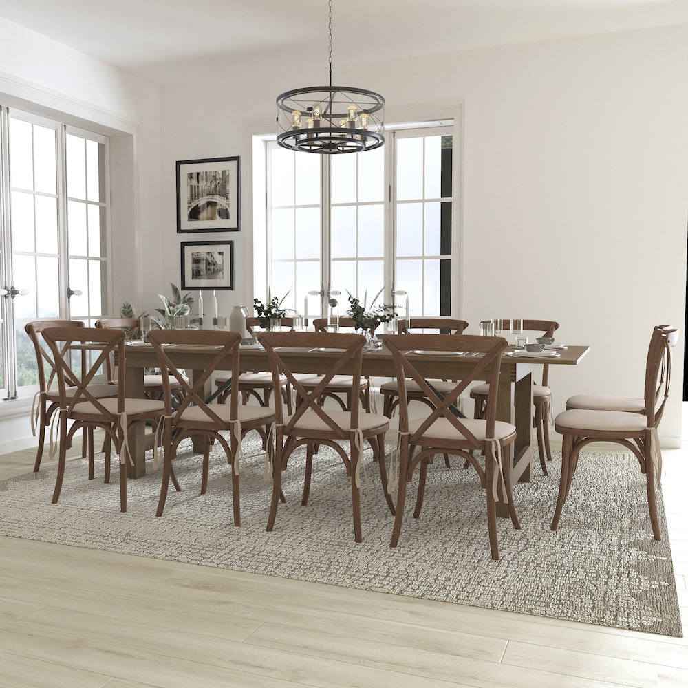 9' x 40'' Antique Folding Farm Table Set with 12 Cross Back Chairs and Cushions. Picture 2