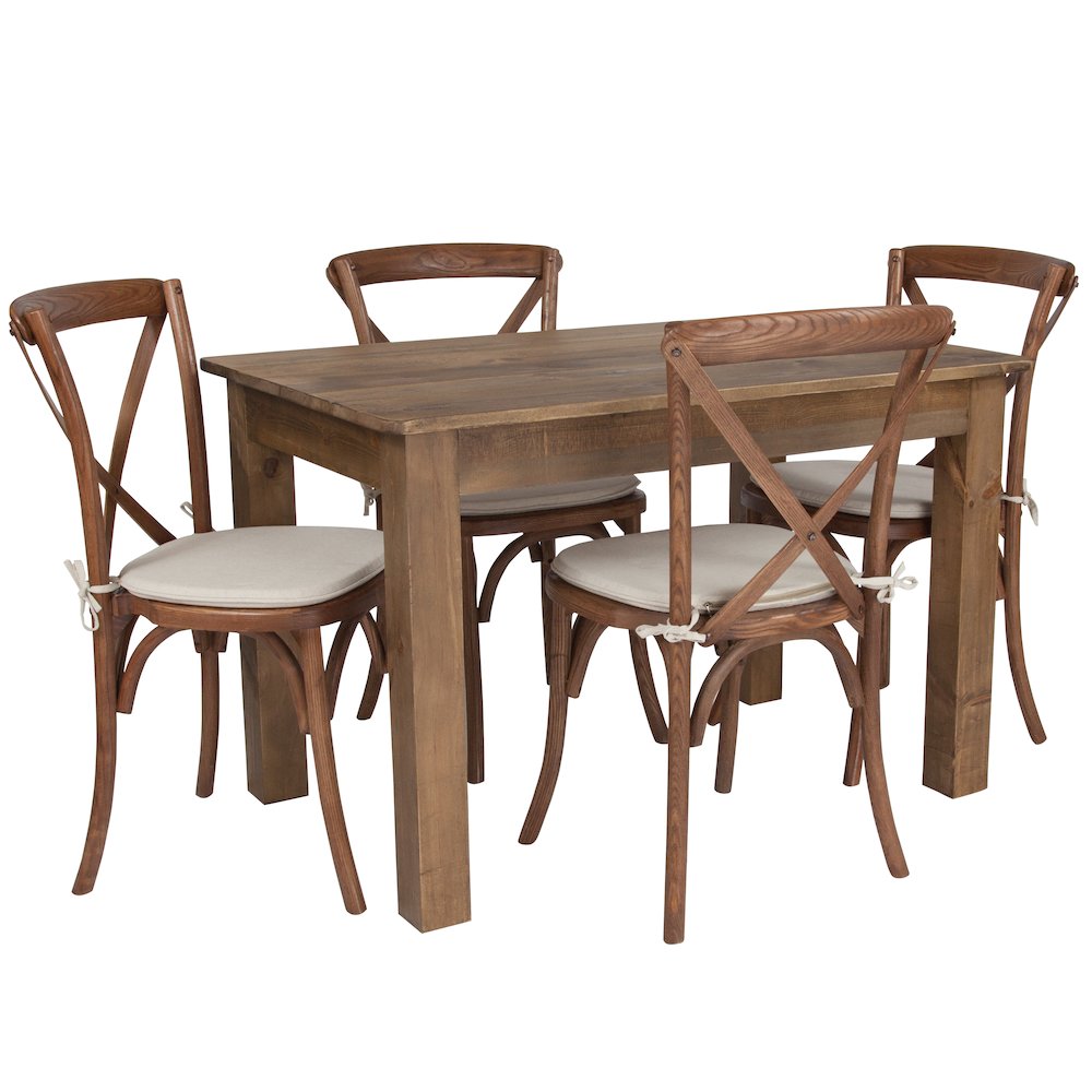 46" x 30" Antique Rustic Farm Table Set with 4 Cross Back Chairs and Cushions. Picture 1