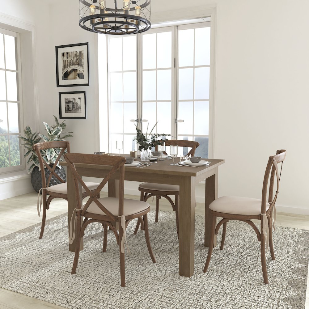 46" x 30" Antique Rustic Farm Table Set with 4 Cross Back Chairs and Cushions. Picture 2