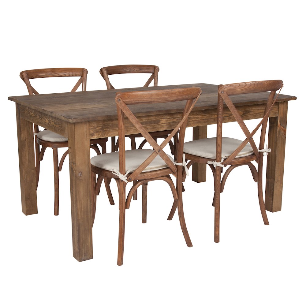 60" x 38" Antique Rustic Farm Table Set with 4 Cross Back Chairs and Cushions. Picture 1
