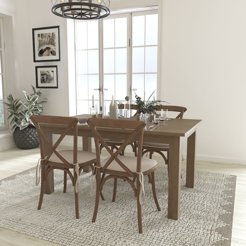 60" x 38" Antique Rustic Farm Table Set with 4 Cross Back Chairs and Cushions. Picture 2