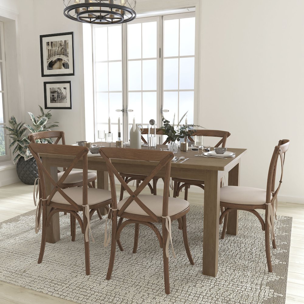 60" x 38" Antique Rustic Farm Table Set with 6 Cross Back Chairs and Cushions. Picture 2