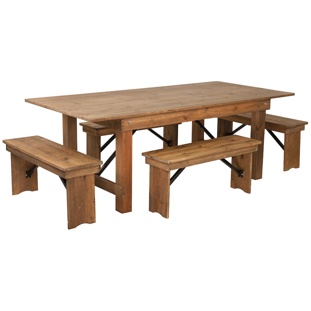 7' x 40" Antique Rustic Folding Farm Table and Four Bench Set. Picture 1