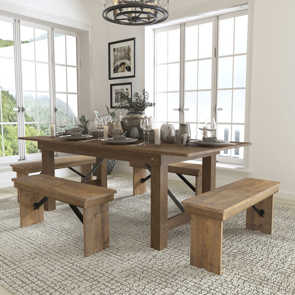 7' x 40'' Antique Rustic Folding Farm Table and Four Bench Set. Picture 2