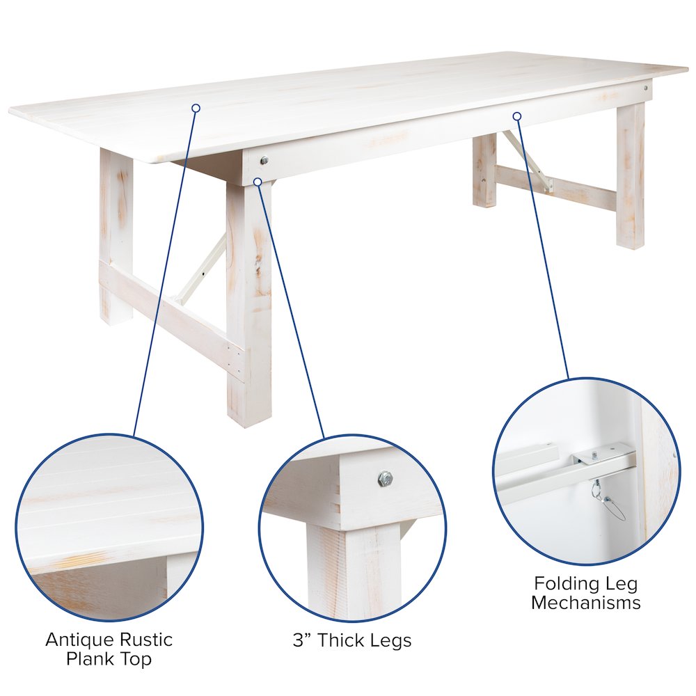 7' x 40" Antique Rustic White Folding Farm Table and Four Bench Set. Picture 4
