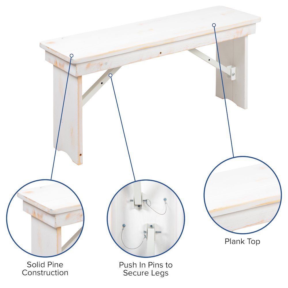 7' x 40" Antique Rustic White Folding Farm Table and Four Bench Set. Picture 5
