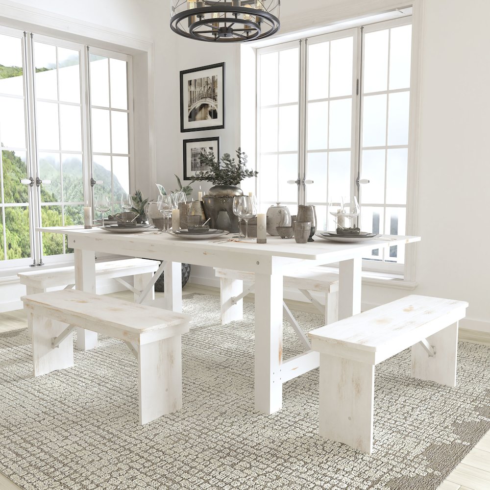 HERCULES Series 7' x 40" Antique Rustic White Folding Farm Table and Four Bench Set. Picture 11