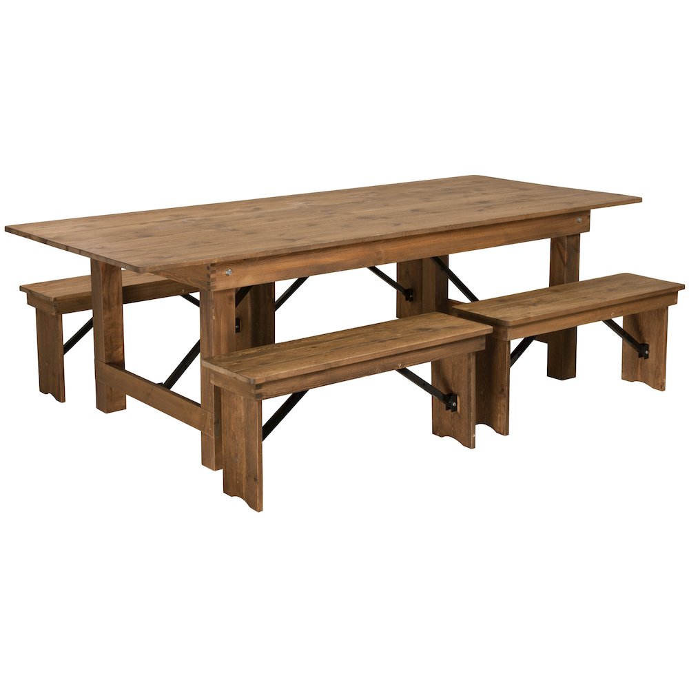 8' x 40'' Antique Rustic Folding Farm Table and Four 40.25"L Bench Set. Picture 1