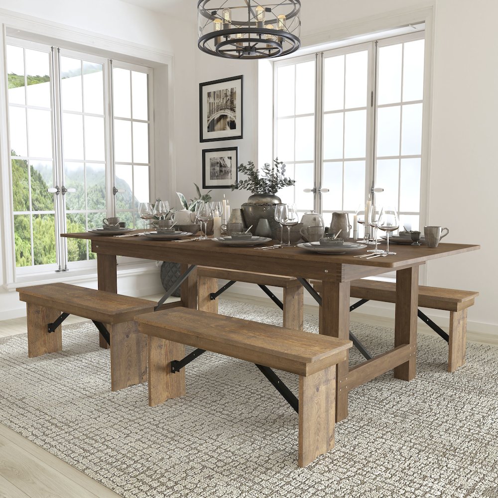 8' x 40'' Antique Rustic Folding Farm Table and Four 40.25"L Bench Set. Picture 2