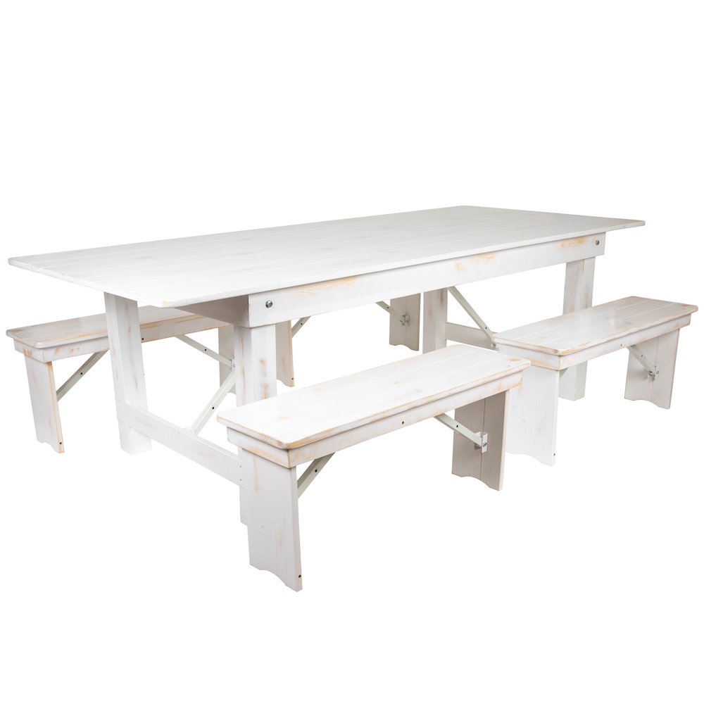 8' x 40" Antique Rustic White Folding Farm Table and Four 40.25"L Bench Set. Picture 1