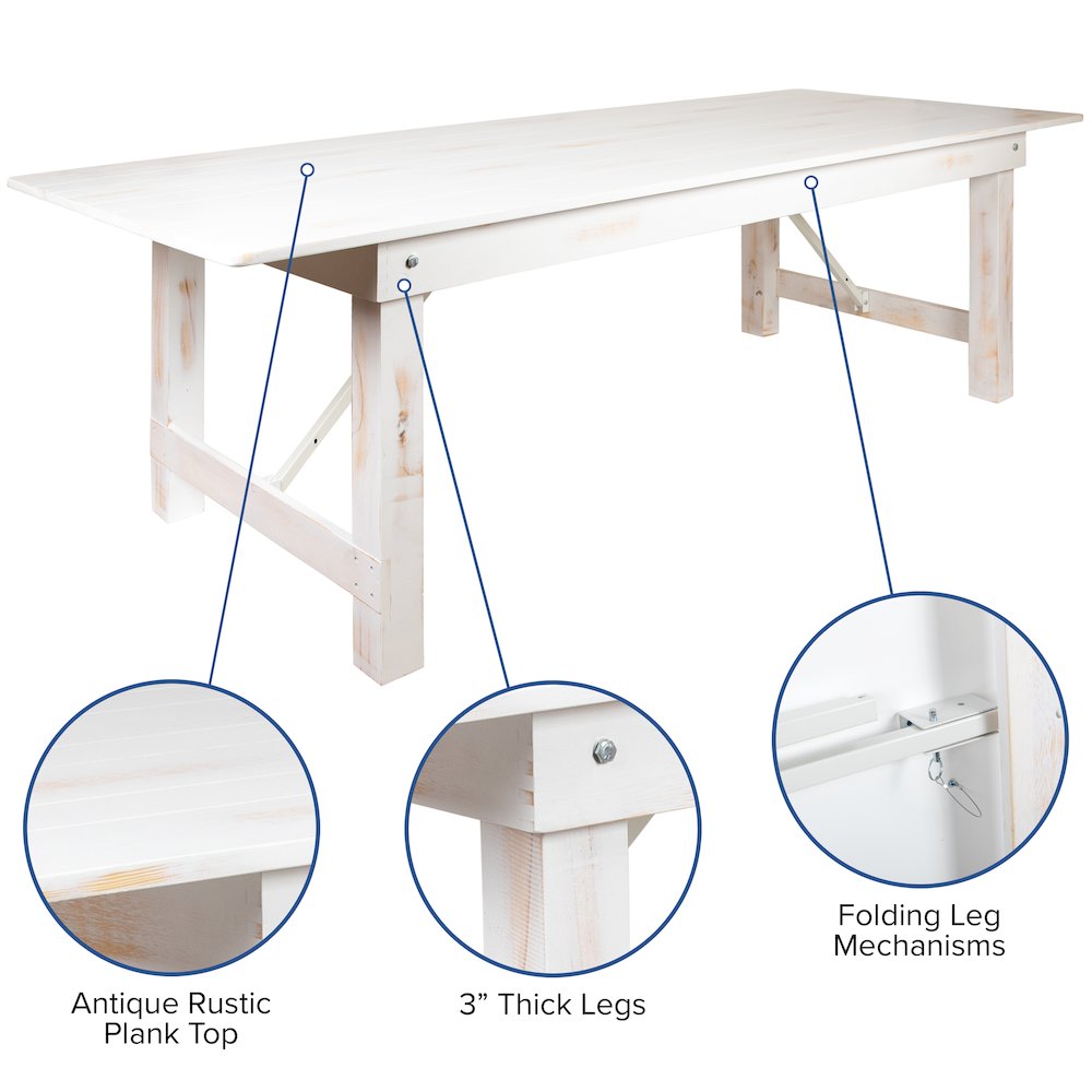 8' x 40" Antique Rustic White Folding Farm Table and Four 40.25"L Bench Set. Picture 4