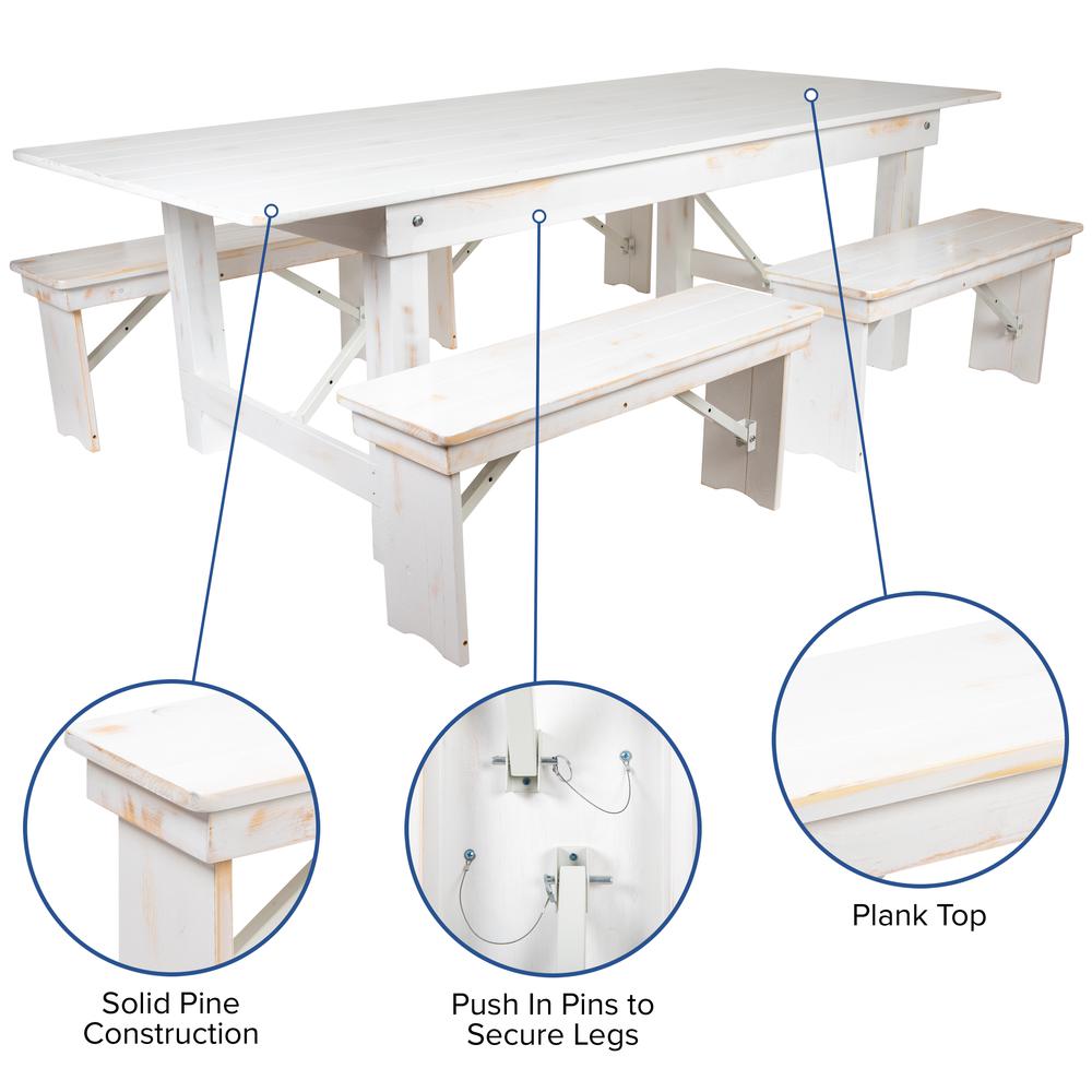 HERCULES Series 8' x 40" Antique Rustic White Folding Farm Table and Four 40.25"L Bench Set. Picture 6