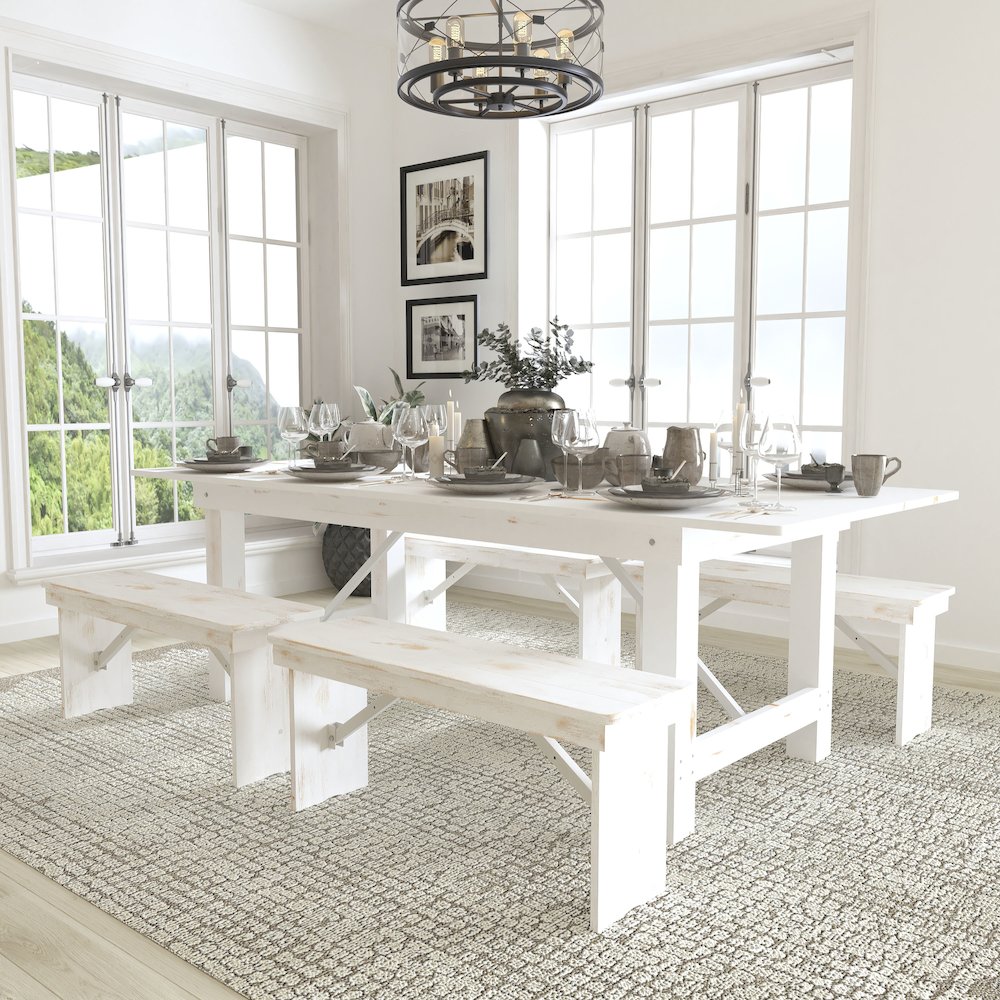 8' x 40" Antique Rustic White Folding Farm Table and Four 40.25"L Bench Set. Picture 2