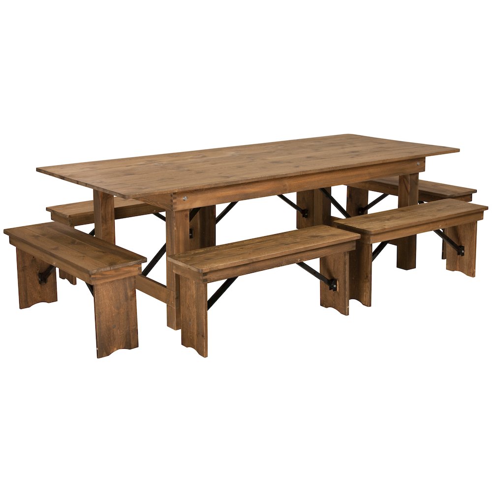 8' x 40'' Antique Rustic Folding Farm Table and Six Bench Set. Picture 1