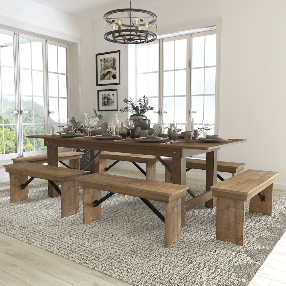 8' x 40'' Antique Rustic Folding Farm Table and Six Bench Set. Picture 2