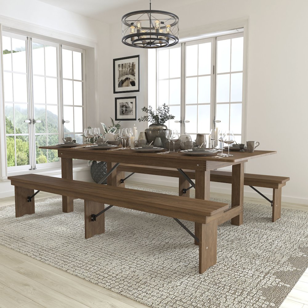 8' x 40'' Antique Rustic Folding Farm Table and Two Bench Set. Picture 2