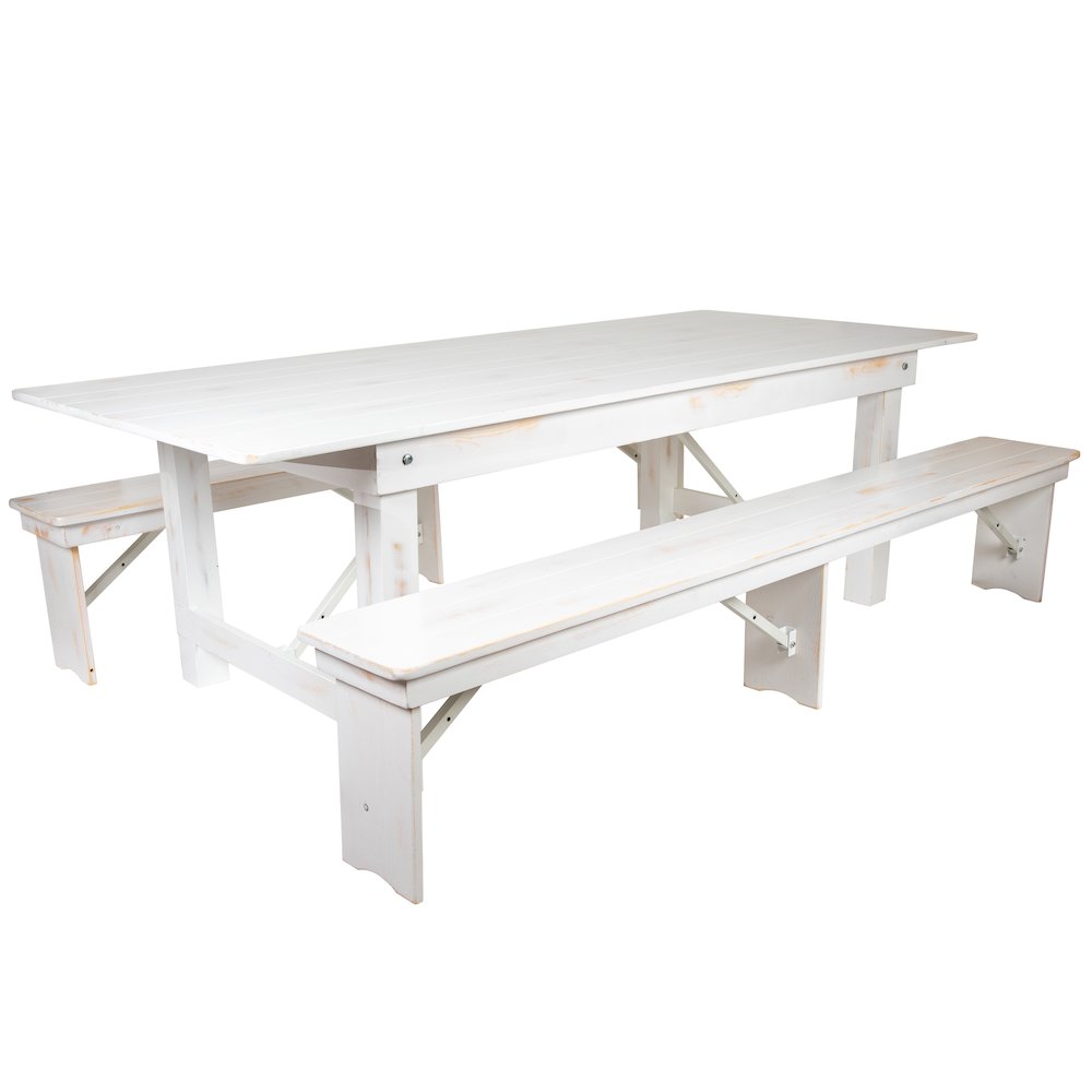 8' x 40" Antique Rustic White Folding Farm Table and Two Bench Set. Picture 1