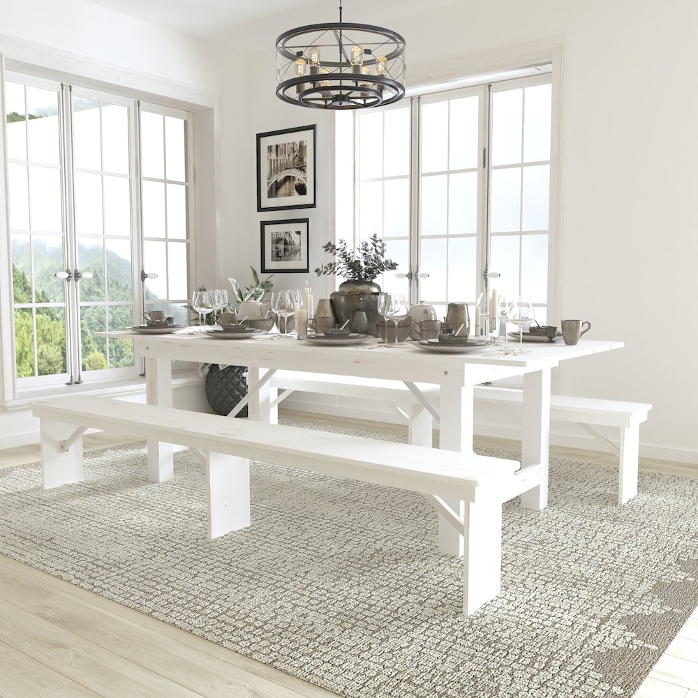 8' x 40" Antique Rustic White Folding Farm Table and Two Bench Set. Picture 2