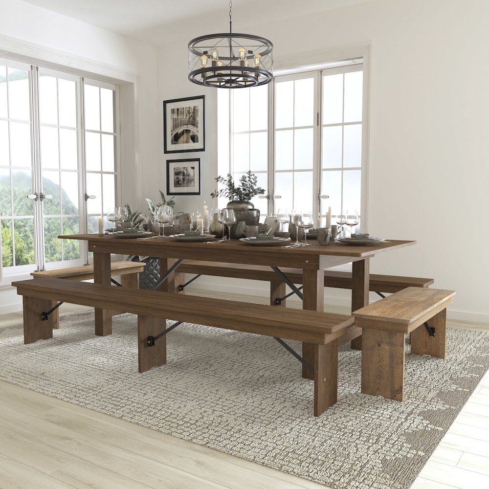 8' x 40'' Antique Rustic Folding Farm Table and Four Bench Set. Picture 2