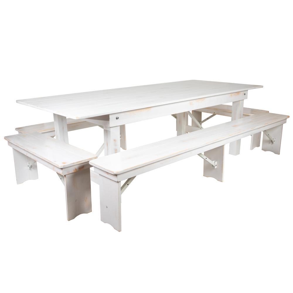 8' x 40" Antique Rustic White Folding Farm Table and Four Bench Set. Picture 2