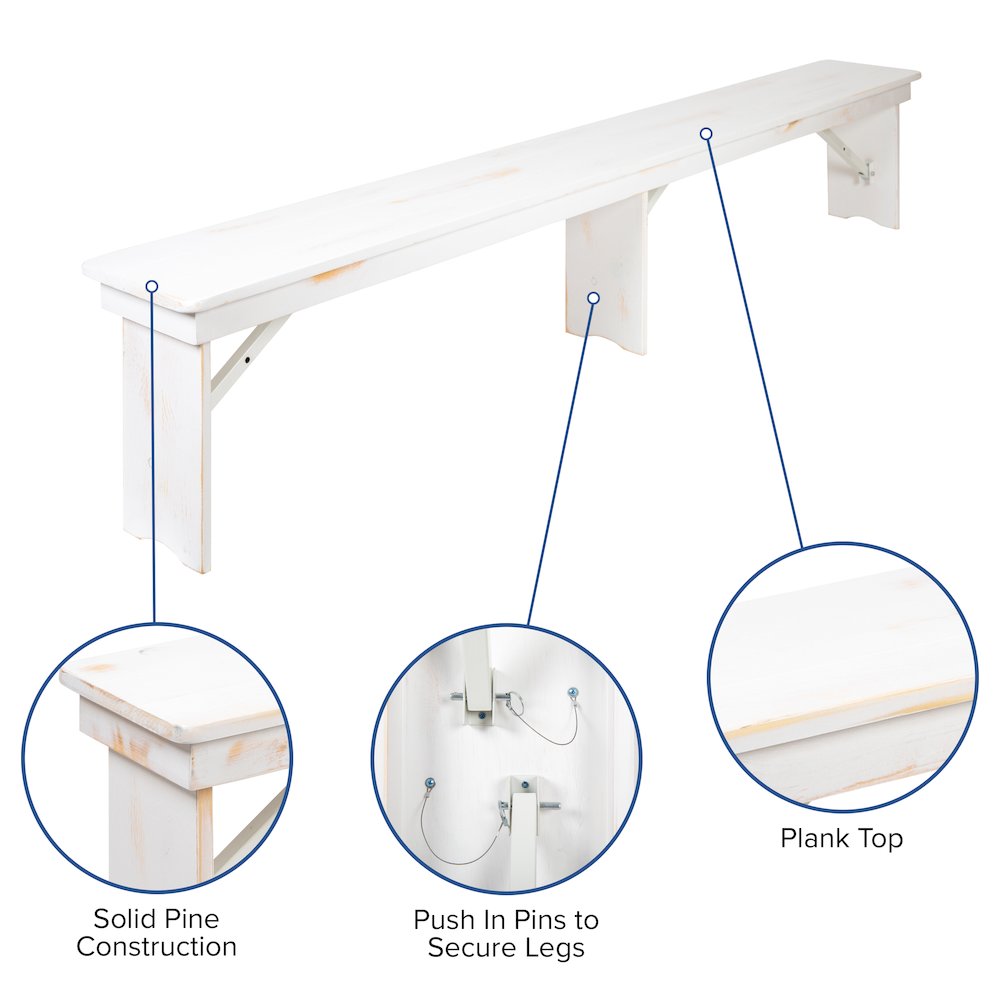 8' x 40" Antique Rustic White Folding Farm Table and Four Bench Set. Picture 6