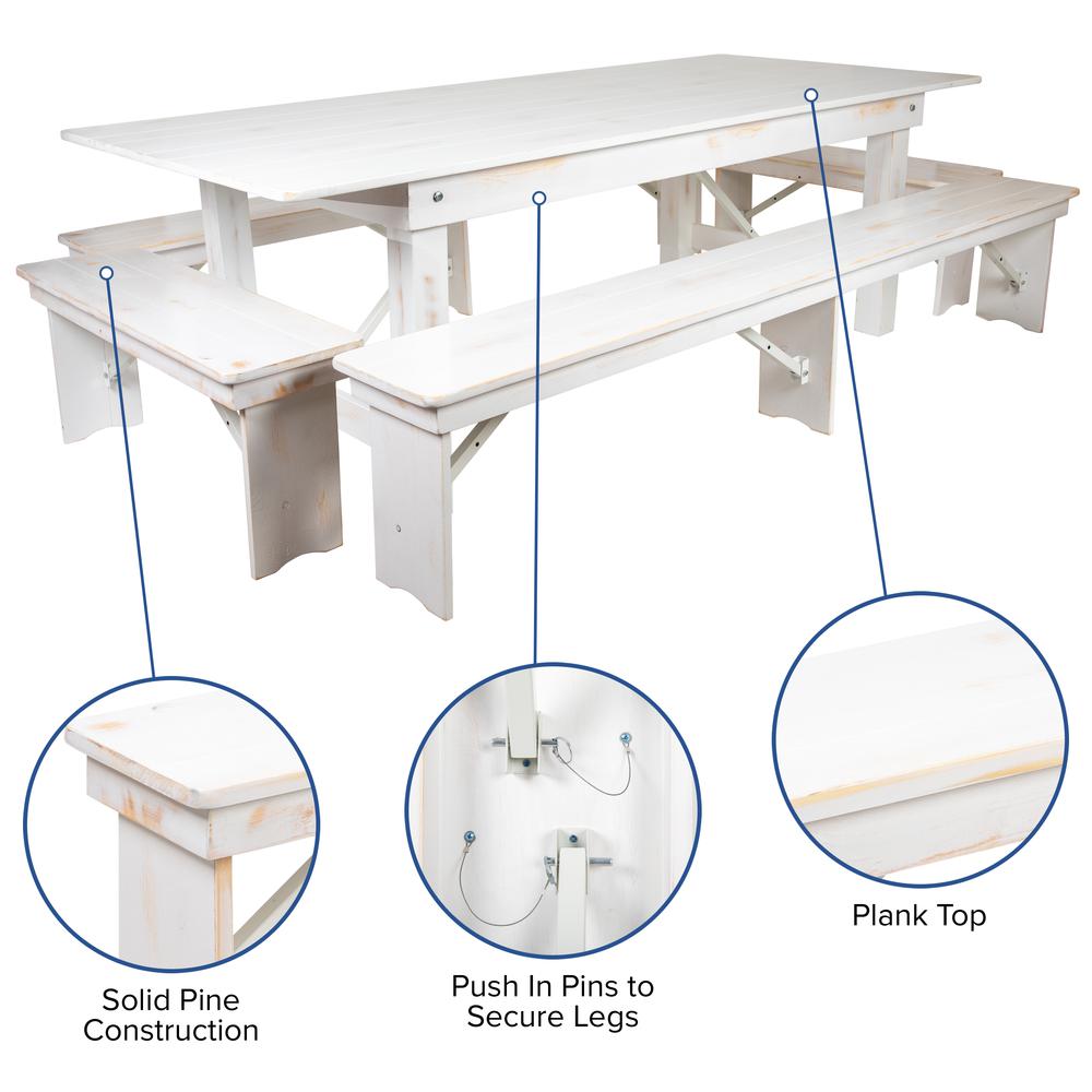 8' x 40" Antique Rustic White Folding Farm Table and Four Bench Set. Picture 3