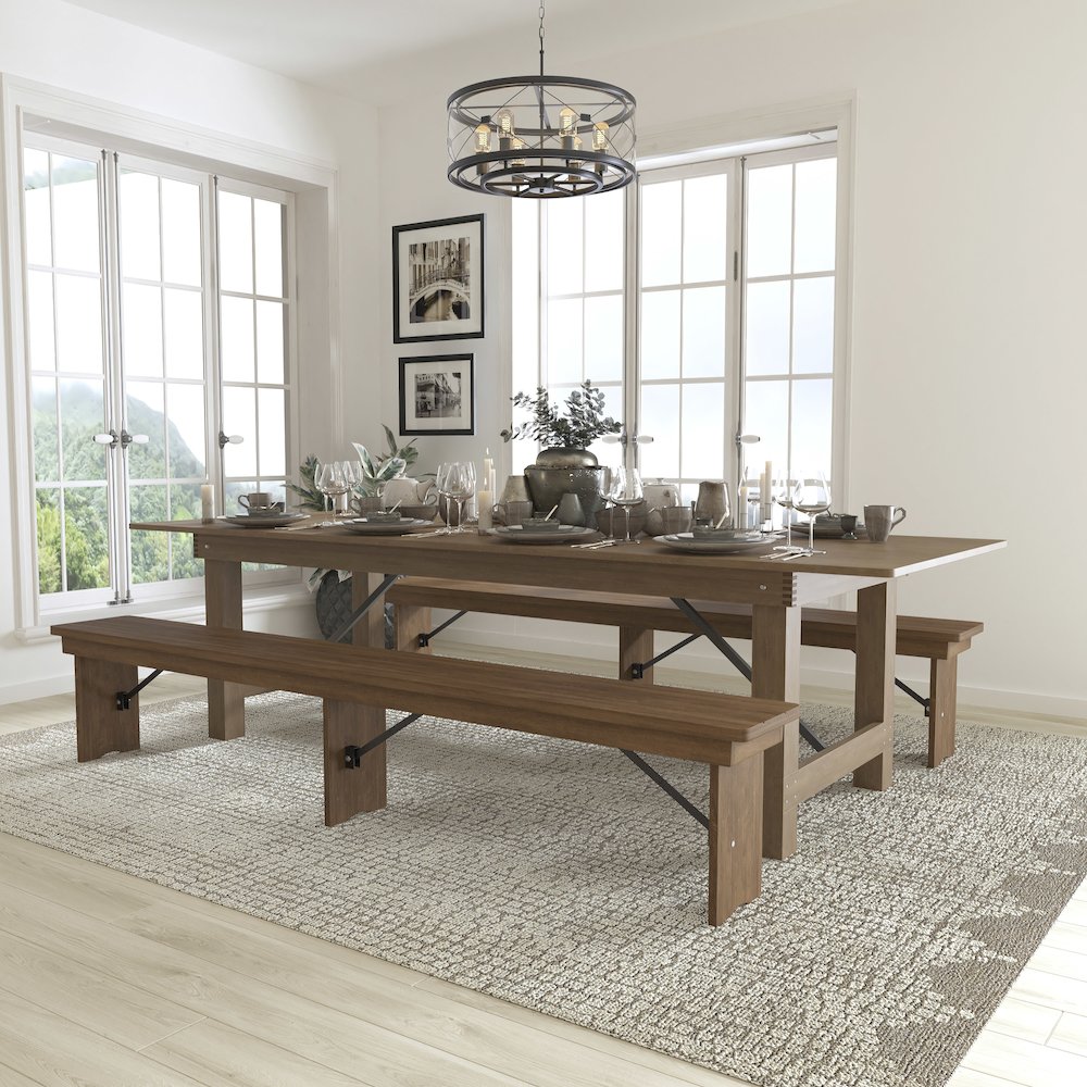 9' x 40'' Antique Rustic Folding Farm Table and Two Bench Set. Picture 2