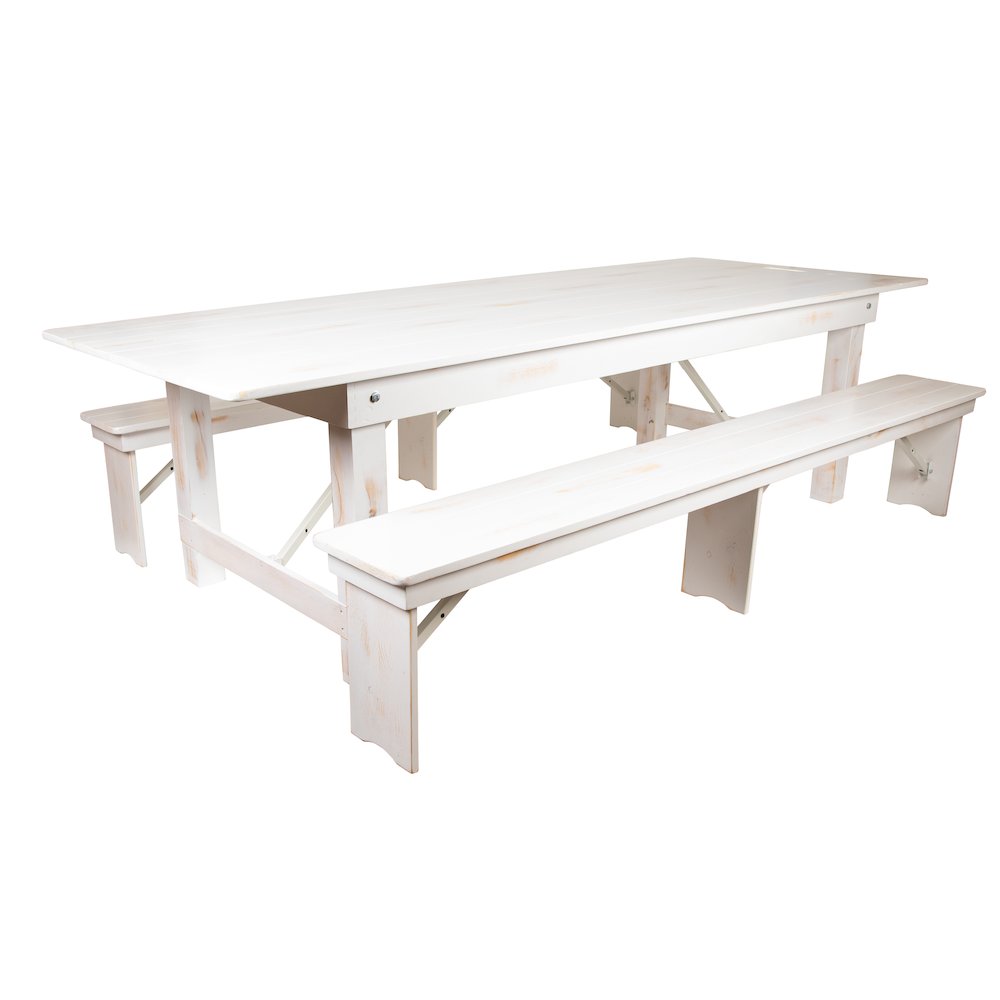 9' x 40" Antique Rustic White Folding Farm Table and Two Bench Set. Picture 1